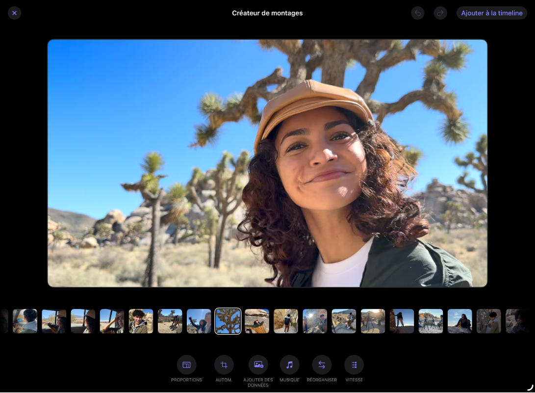 Écran Créateur de montages affichant une rangée de vignettes de plan, avec le plan sélectionné affiché dans le visualiseur au-dessus. Des commandes permettant d’ajouter de la musique, de réorganiser les plans, de modifier la vitesse et bien plus encore sont disponibles sous les vignettes.