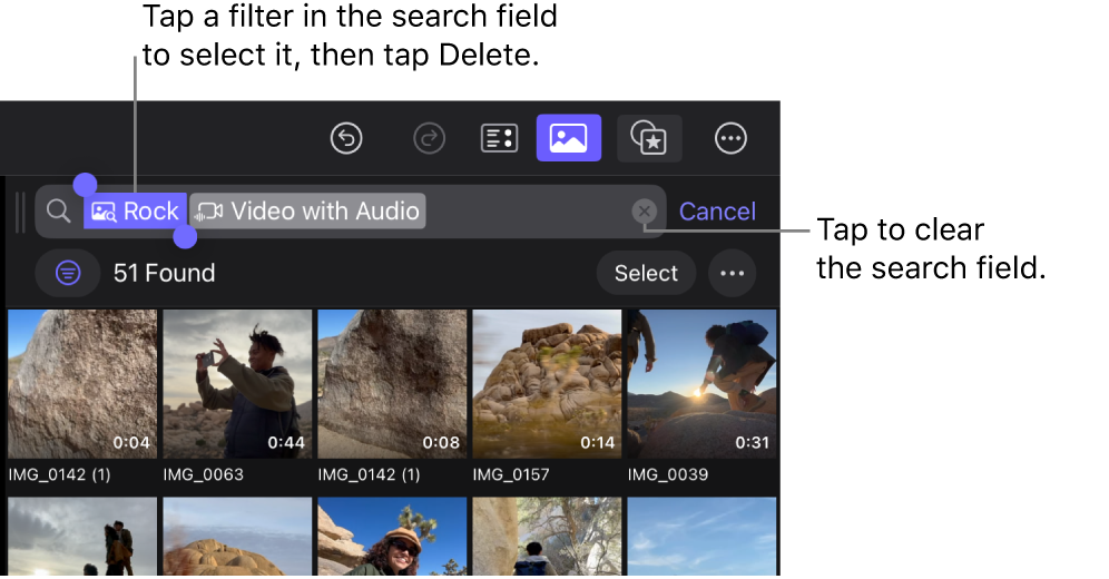 検索結果が表示され、検索フィールドでフィルタが選択されたブラウザ。
