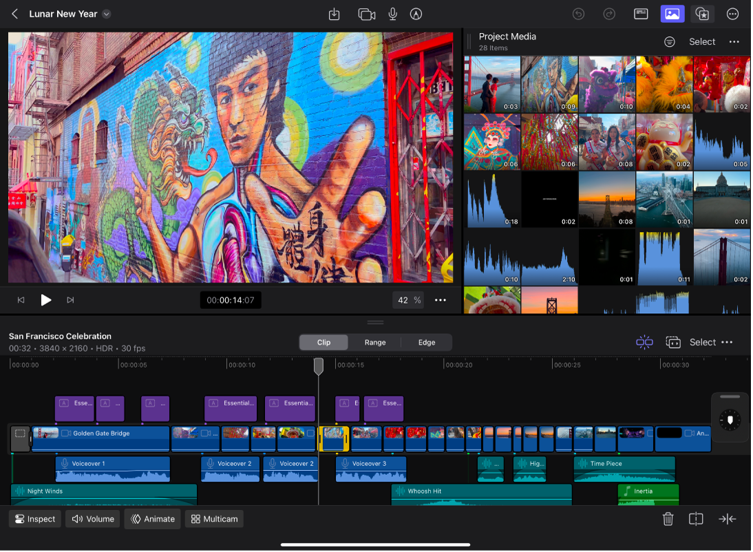 가로 방향의 Final Cut Pro 편집 화면.
