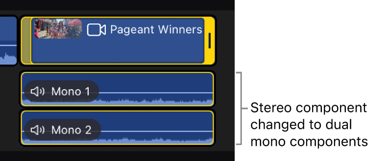 时间线中转换为双单声道组件后的展开片段。