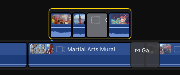 显示的连接片段合并为主要故事情节上方的连接故事情节，两个片段之间的空白中填充了一个空隙片段。