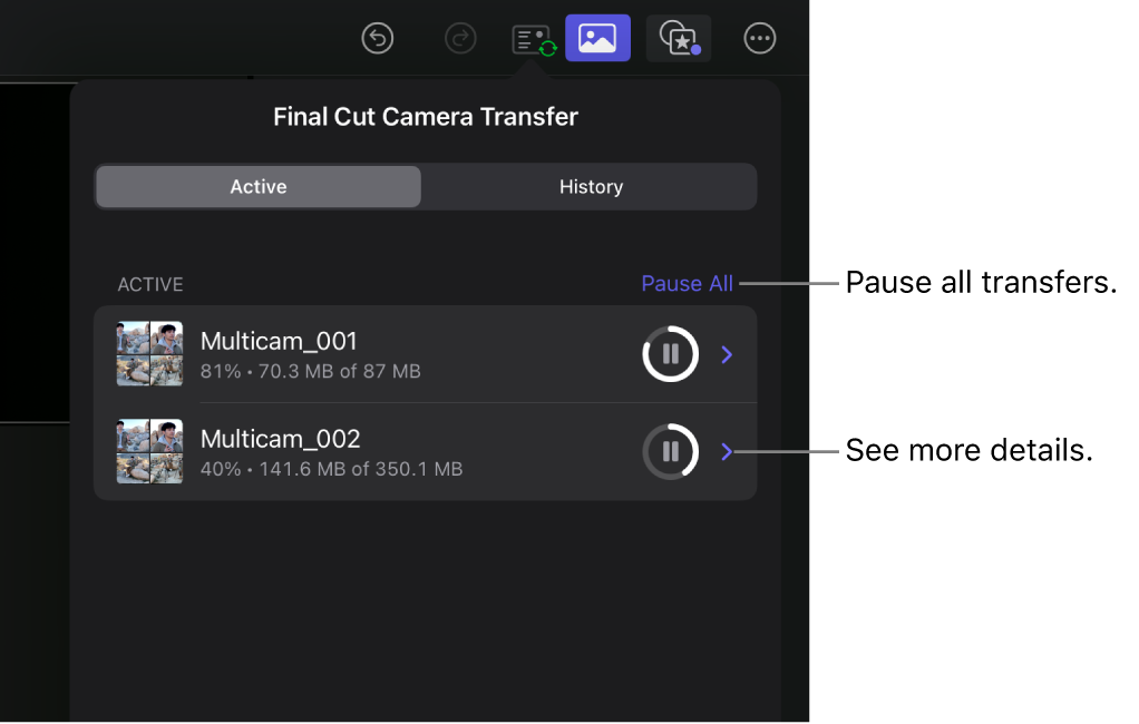 Final Cut Pro 中的“Final Cut Camera 传输”列表，显示活跃传输。