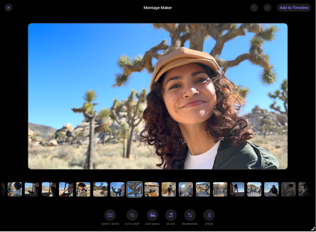 “蒙太奇制作器”屏幕显示一行片段缩略图,其中所选片段显示在上方的检视器中。缩略图下方是各种控制,用于添加音乐、重新排列片段和更改速度等。