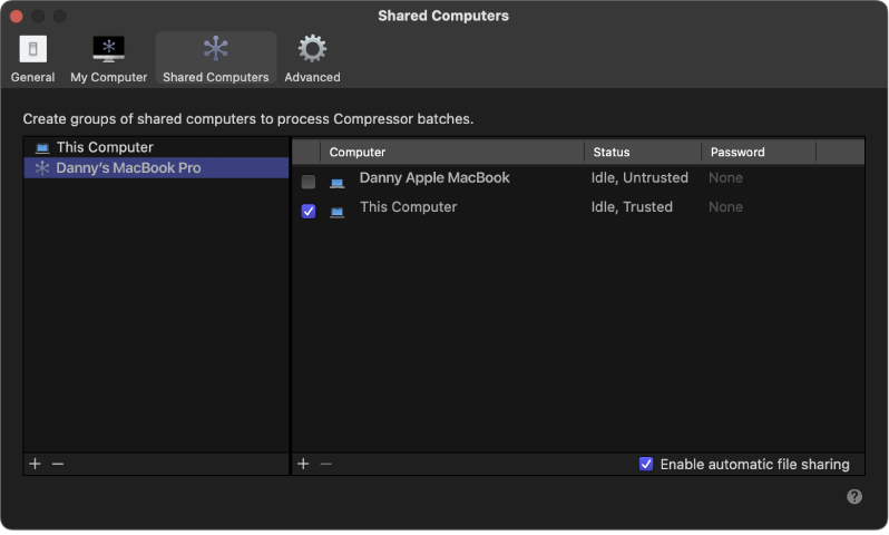 Die Einstellungen für geteilte Computer in Compressor zeigen einen nicht vertrauenswürdigen Computer an.