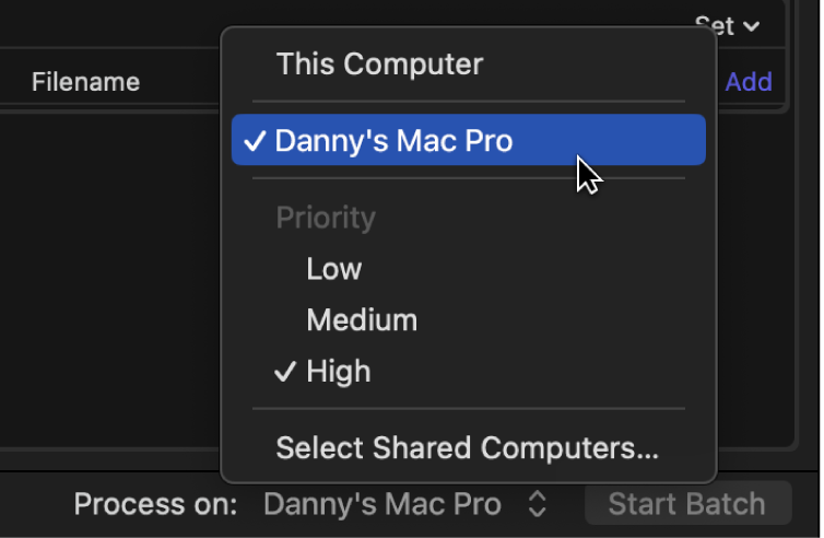 The “Process on” pop-up menu in the Compressor batch area.
