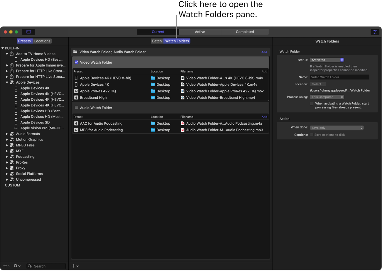 The Compressor window showing the Watch Folders pane.