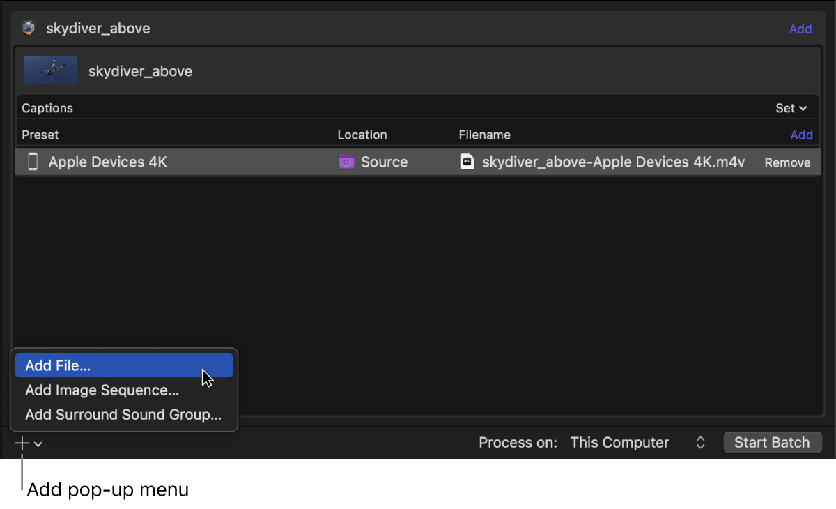 The batch area of Compressor with the Add pop-up menu open.