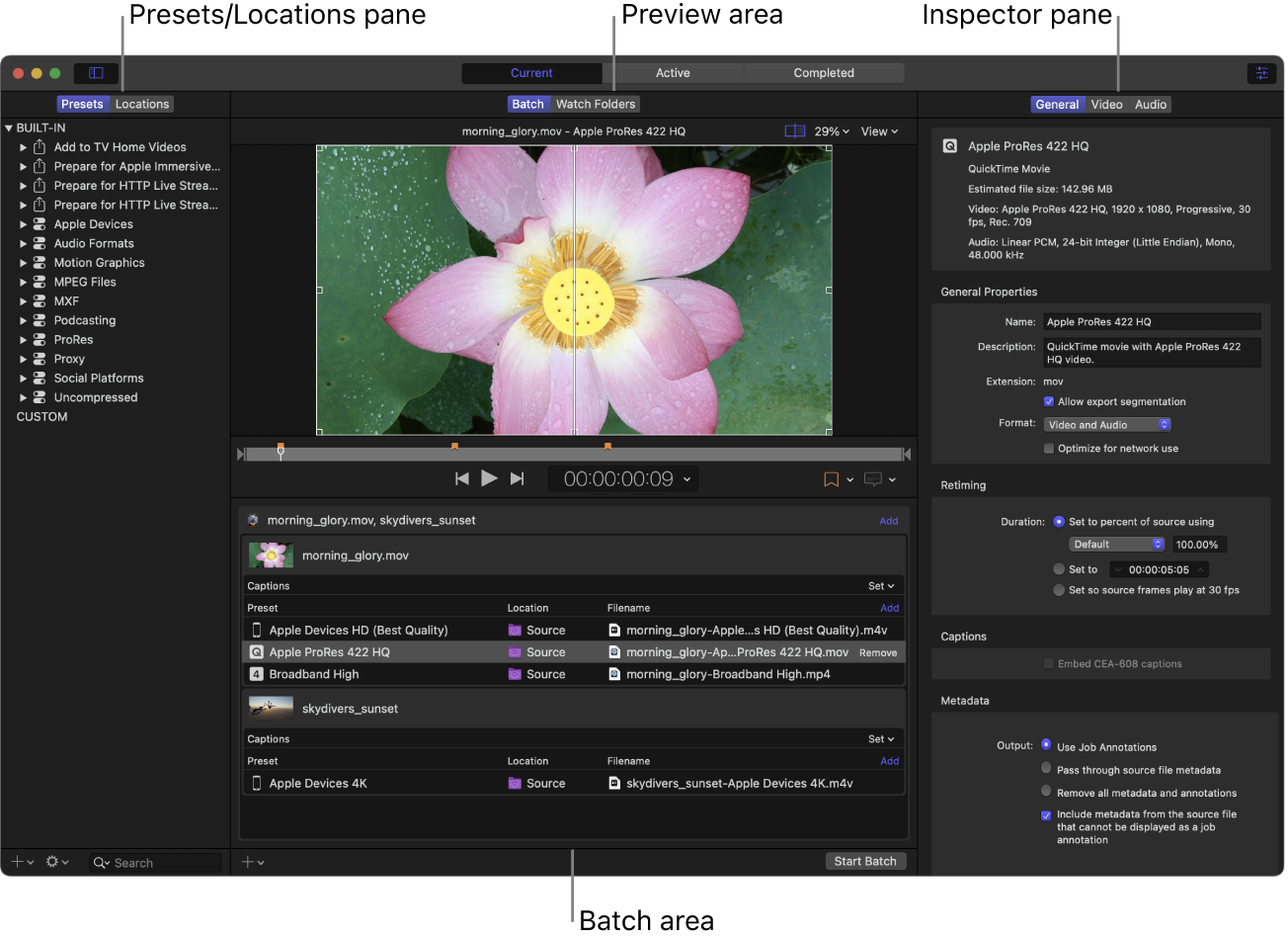 The Compressor window in Current view with the Presets/Locations pane, preview area, batch area, and inspector pane showing.