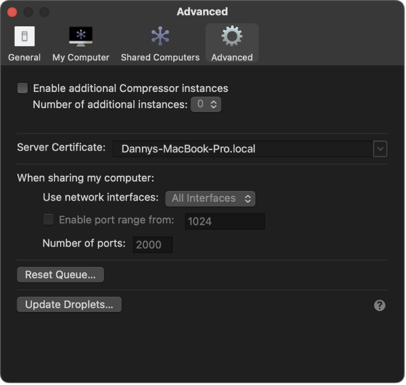 The Advanced settings window in Compressor.