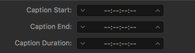 Caption timing fields in Compressor showing dashes instead of timecodes.