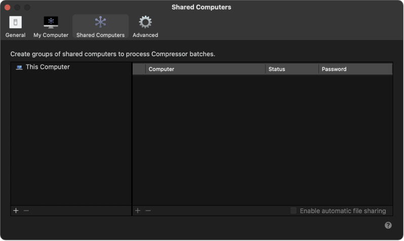 The Shared Computers settings window in Compressor.