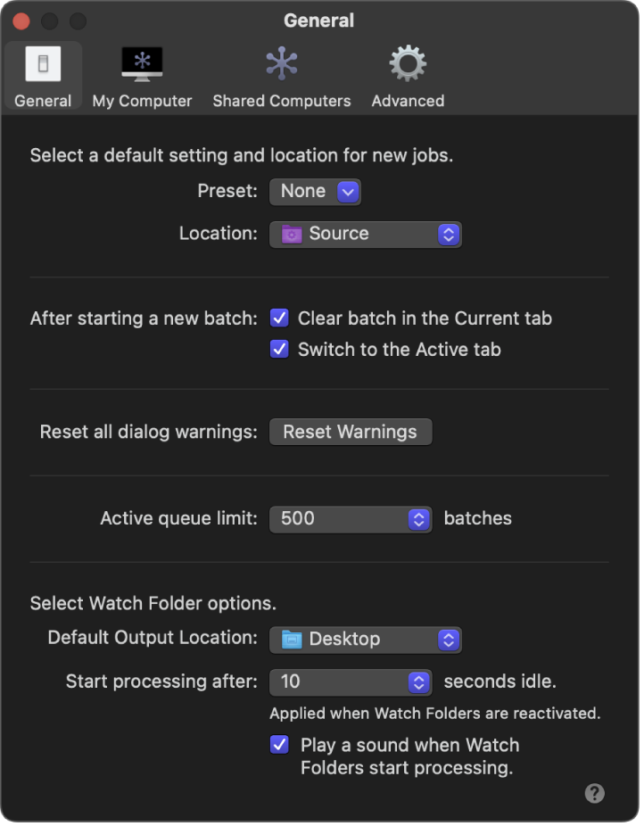 The General settings window in Compressor.