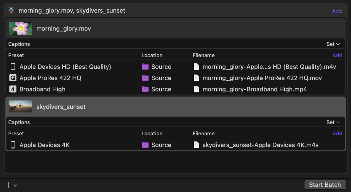 The Compressor batch area with the second job selected.