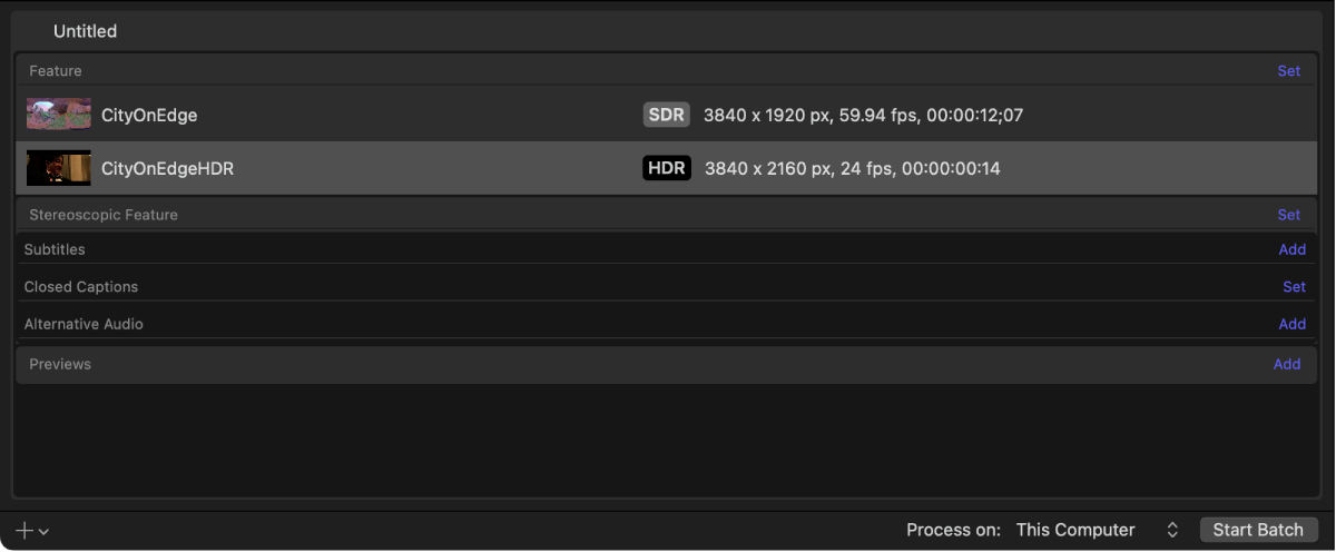 The batch area of Compressor showing output rows for SDR video and HDR video in an iTunes Store package.