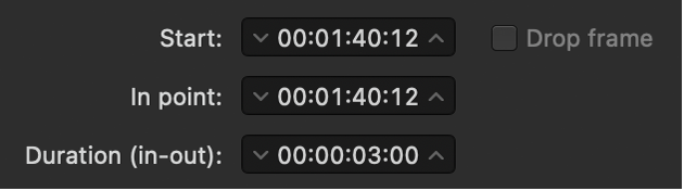 The timing area of the Job inspector in Compressor showing the Start timecode, the In point, and the duration of the file.