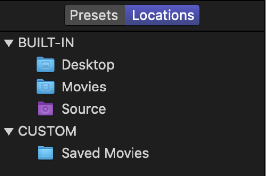 The Locations pane of Compressor showing built-in and custom locations.