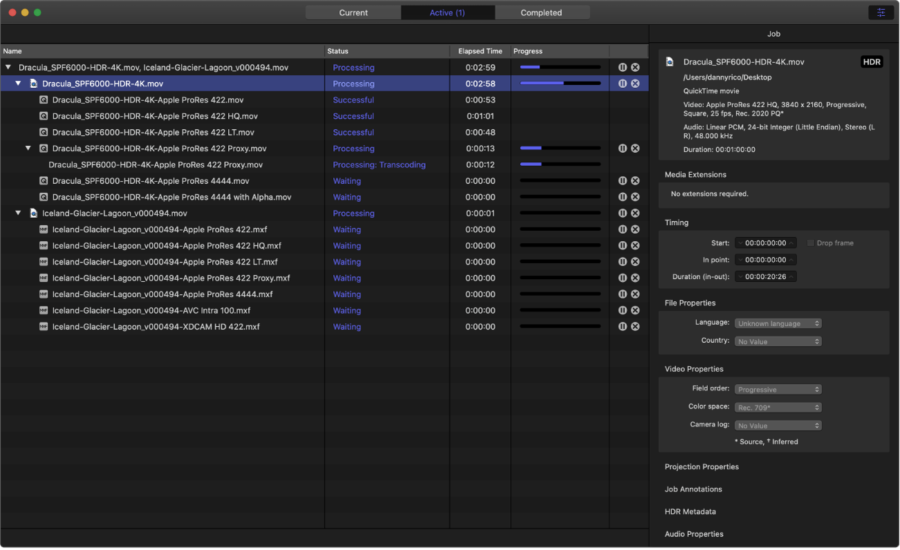 La ventana de Compressor en la que se muestra la vista Activo.