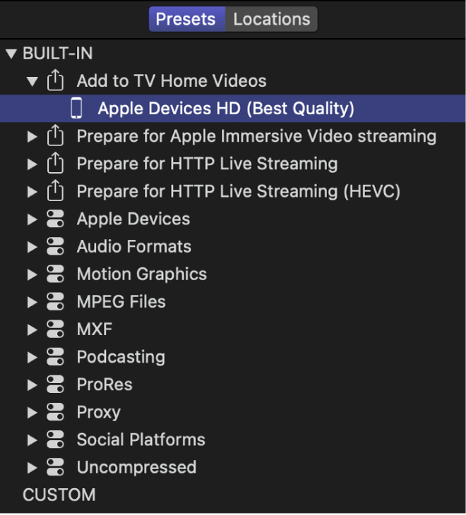 Un preajuste integrado seleccionado en el panel Preajustes de Compressor.