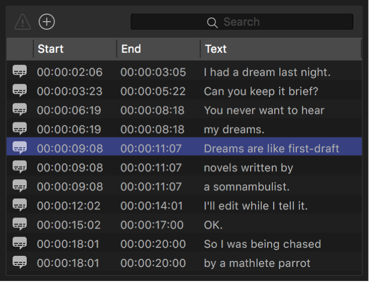 El inspector de subtítulos de Compressor muestra una lista de subtítulos.