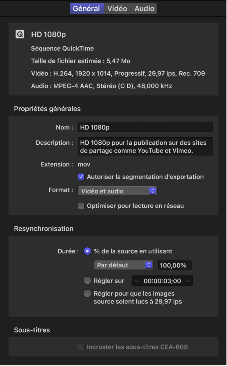 Fenêtre de l’inspecteur de Compressor affichant les propriétés générales d’un préréglage HD 1080p.