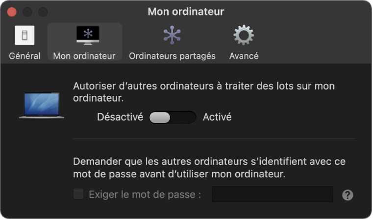 Fenêtre des réglages Mon ordinateur de Compressor.