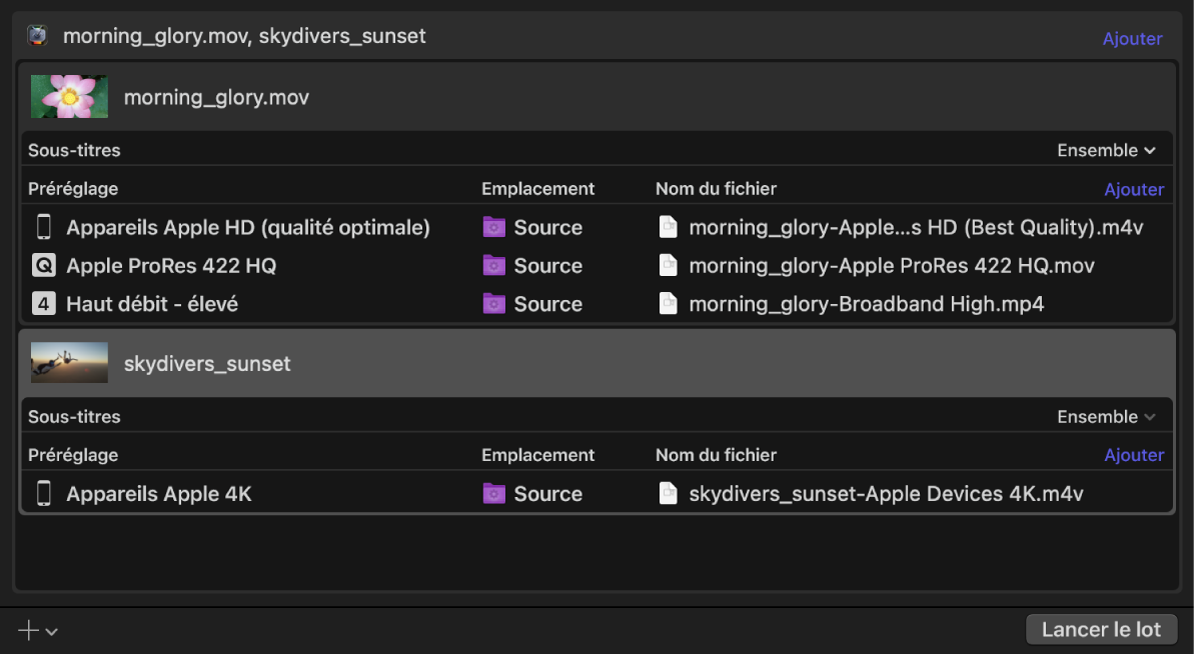 Zone de lot de Compressor avec la deuxième tâche sélectionnée.
