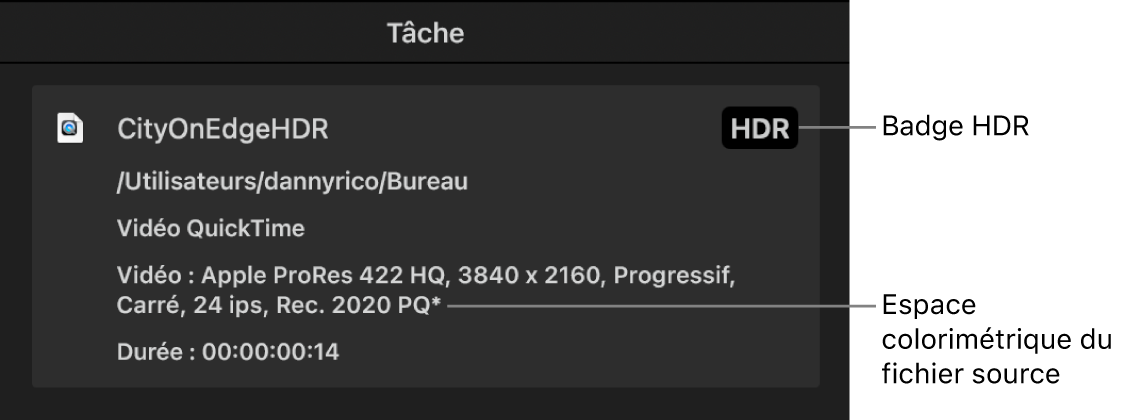Inspecteur de tâche de Compressor affichant une pastille HDR et l’espace colorimétrique du fichier vidéo source.