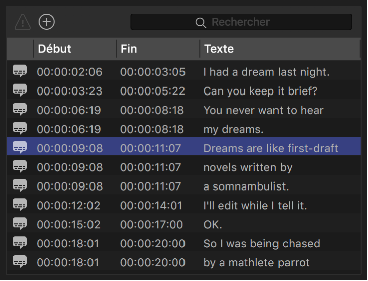 Inspecteur de sous-titres de Compressor affichant une liste de sous-titres.