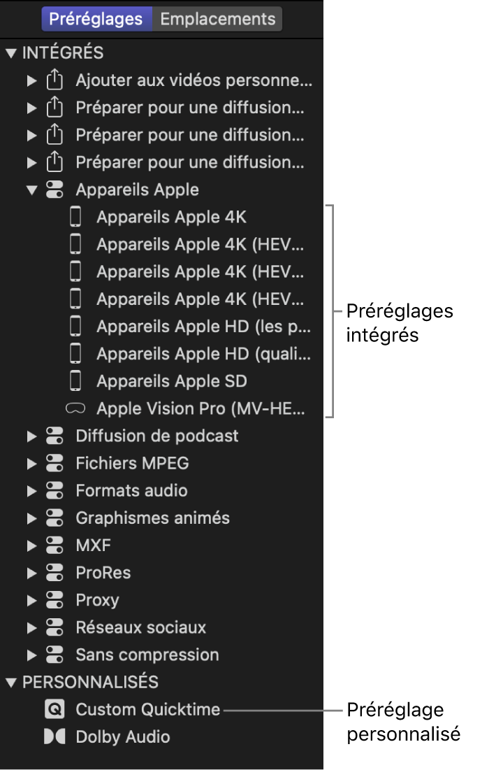 Fenêtre Préréglages de Compressor affichant les préréglages intégrés et les préréglages personnalisés.