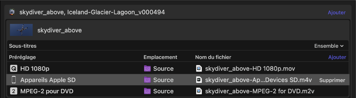 Zone de lot de Compressor avec une rangée de sortie d’une tâche sélectionnée.