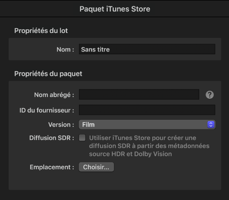 Inspecteur de paquet iTunes Store dans Compressor.