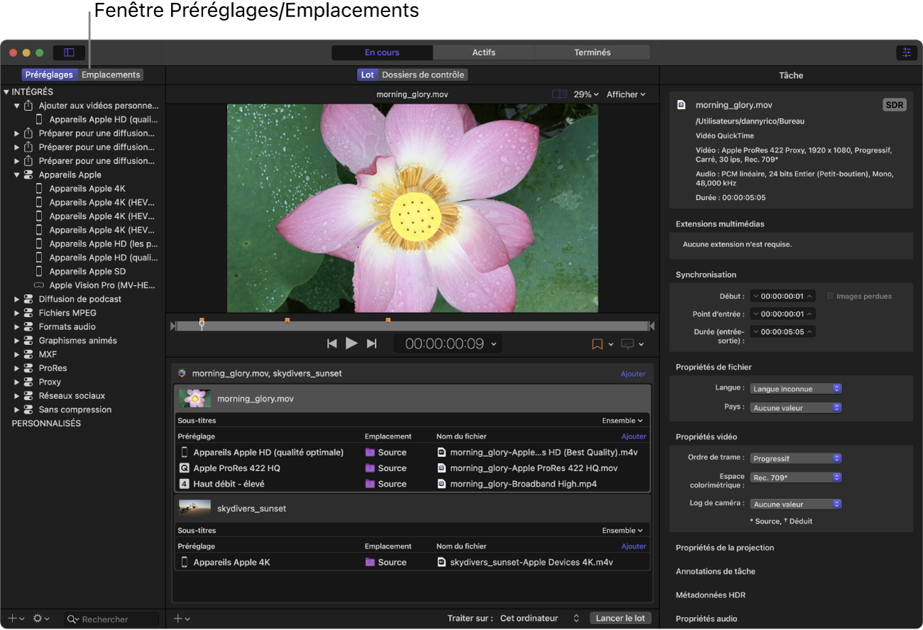 Fenêtre de Compressor affichant la fenêtre Préréglages/Emplacements.