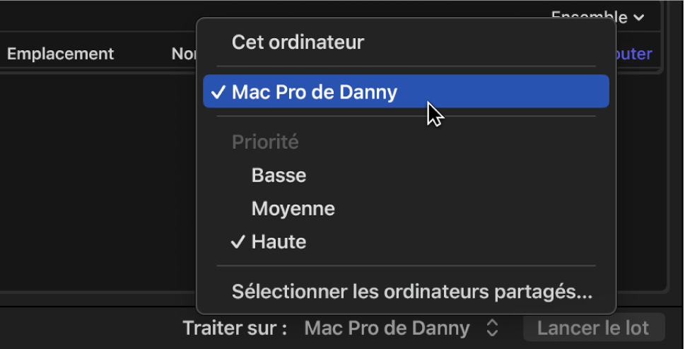 Menu local « Traiter sur » dans la zone du lot de Compressor.