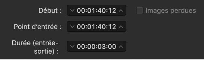 Zone de synchronisation de l’inspecteur de tâche dans Compressor affichant le timecode de départ, le point d’entrée et la durée du fichier.