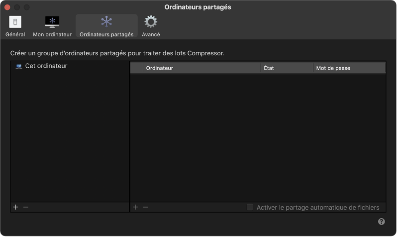 Fenêtre des réglages Ordinateurs partagés de Compressor.