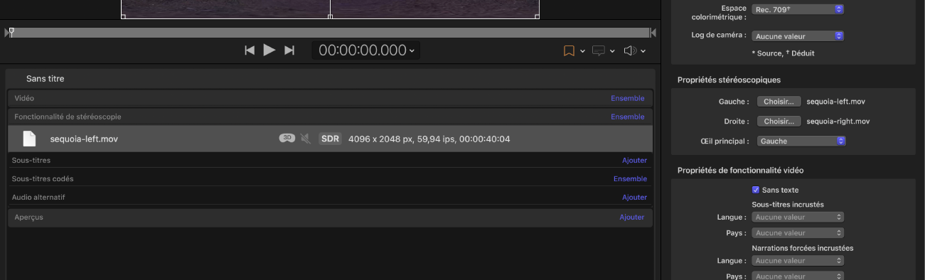Inspecteur de tâche de Compressor affichant la section Propriétés stéréoscopiques pour un paquet iTunes Store.