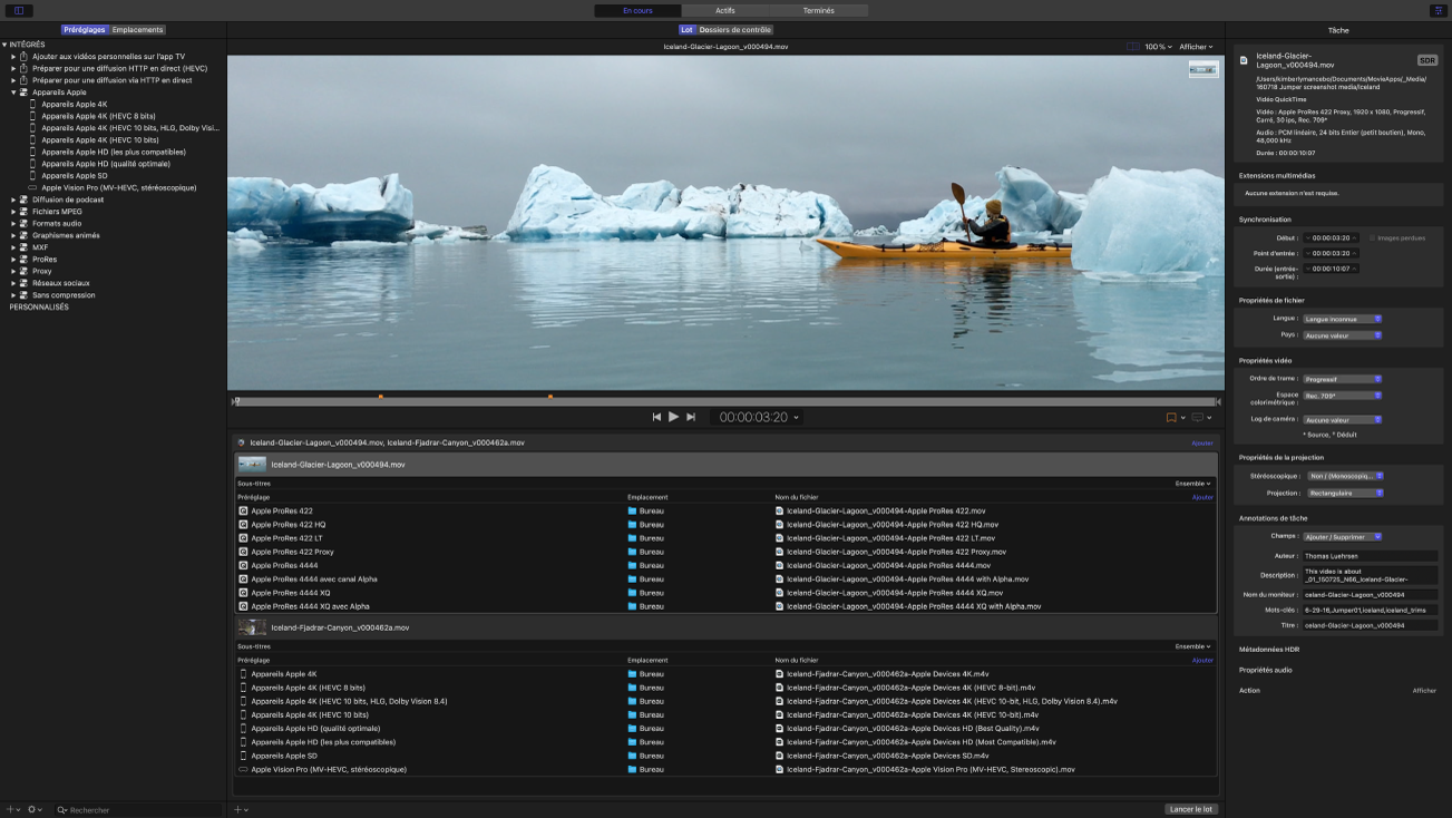 Fenêtre Compressor affichant un projet de transcodage actif.