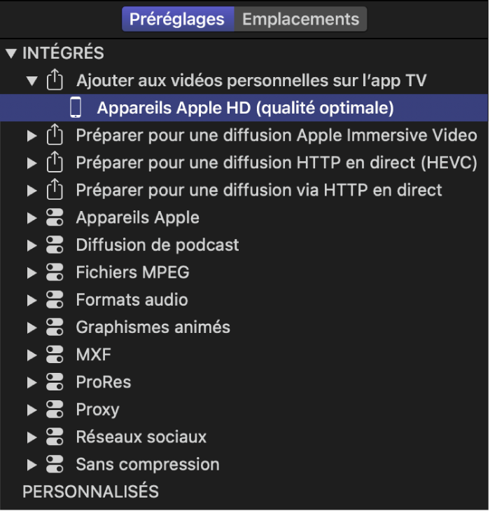 Préréglage intégré sélectionné dans la fenêtre Préréglages de Compressor.