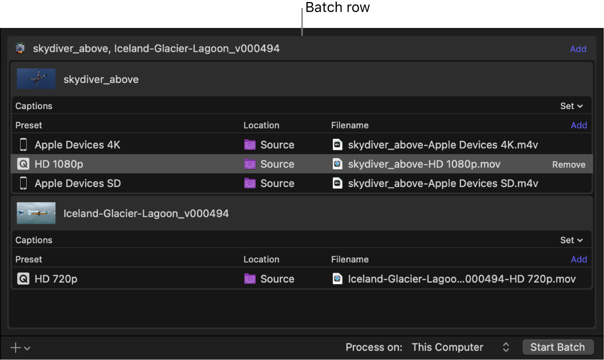 一番上のバッチ行が選択されているCompressorのバッチ領域。
