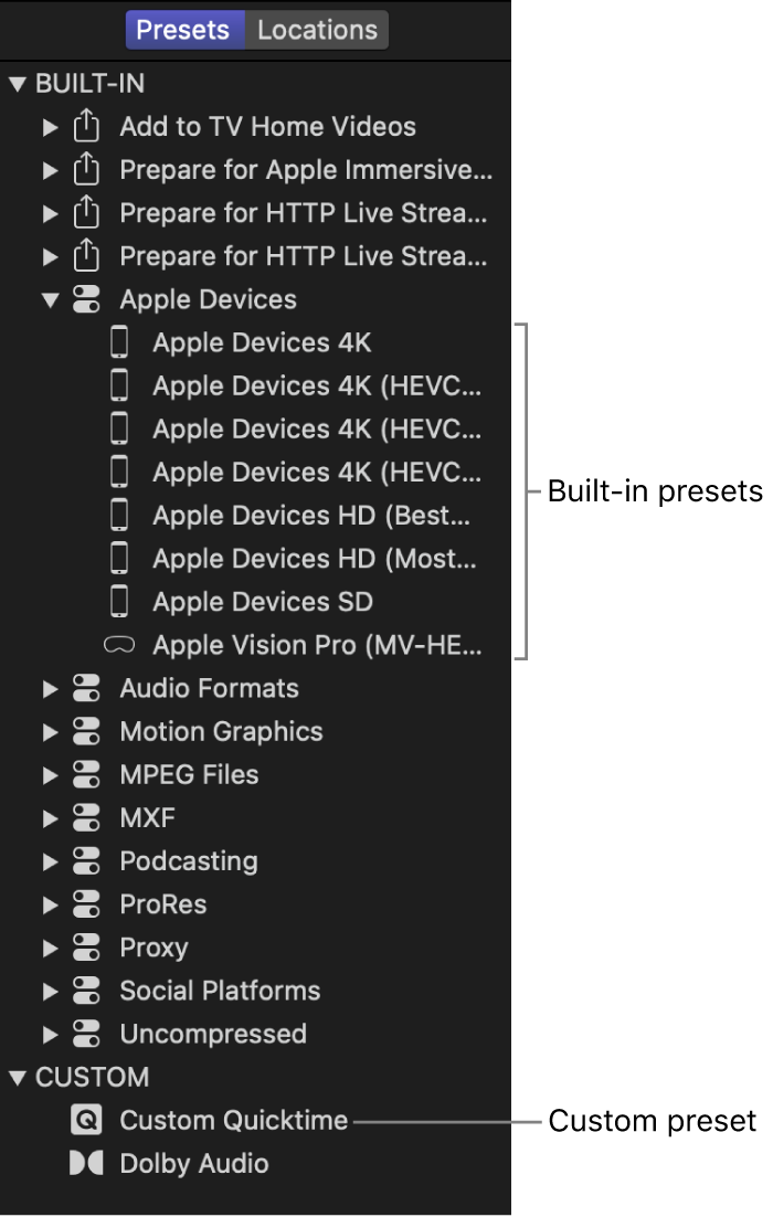 Compressor 中显示内建和自定义预置的“预置”面板。