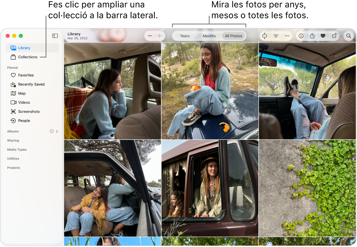 La finestra de l’app Fotos mostra la fototeca amb les fotos categoritzades per anys, mesos o totes les fotos. També pots seleccionar diverses col·leccions a la barra lateral.