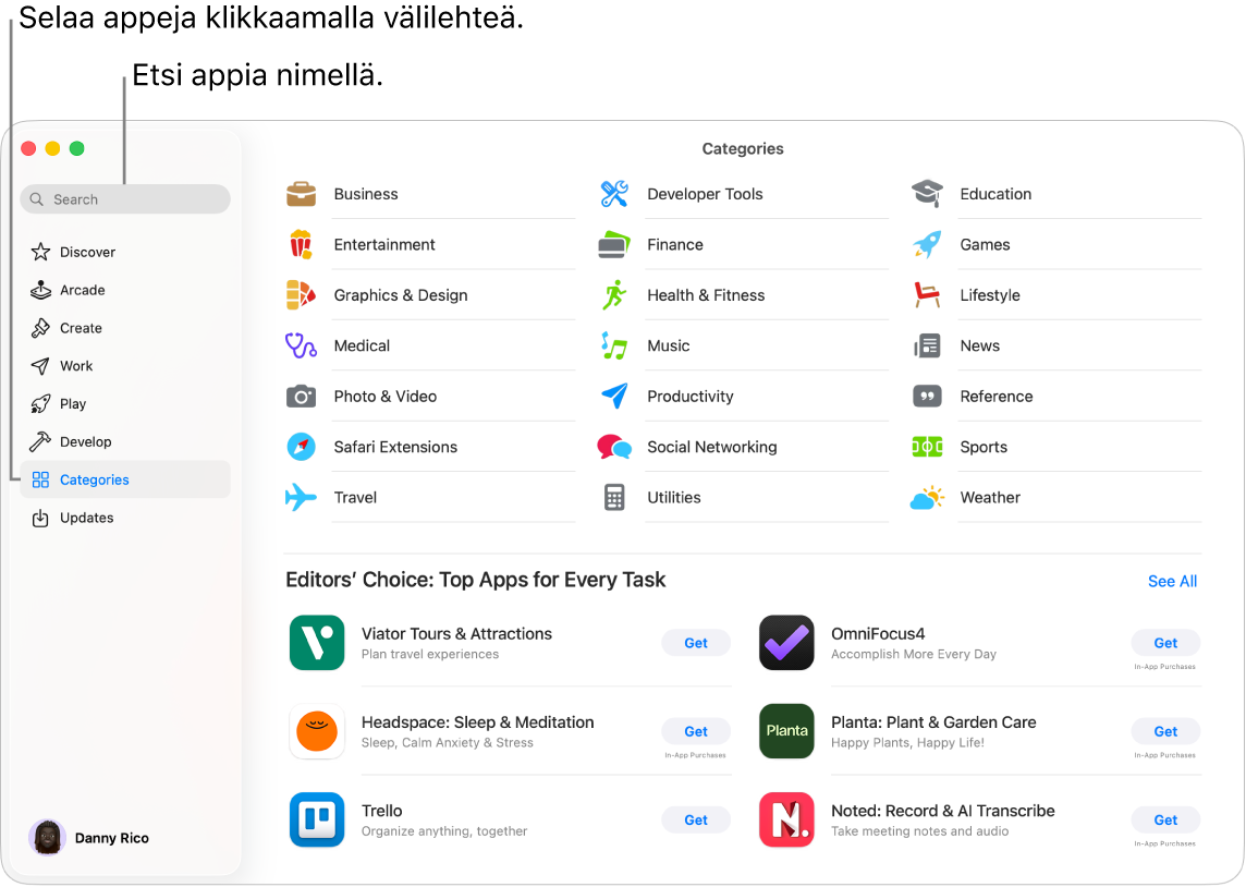 App Store -ikkuna, jossa näkyy hakukenttä ja appikategorioita.