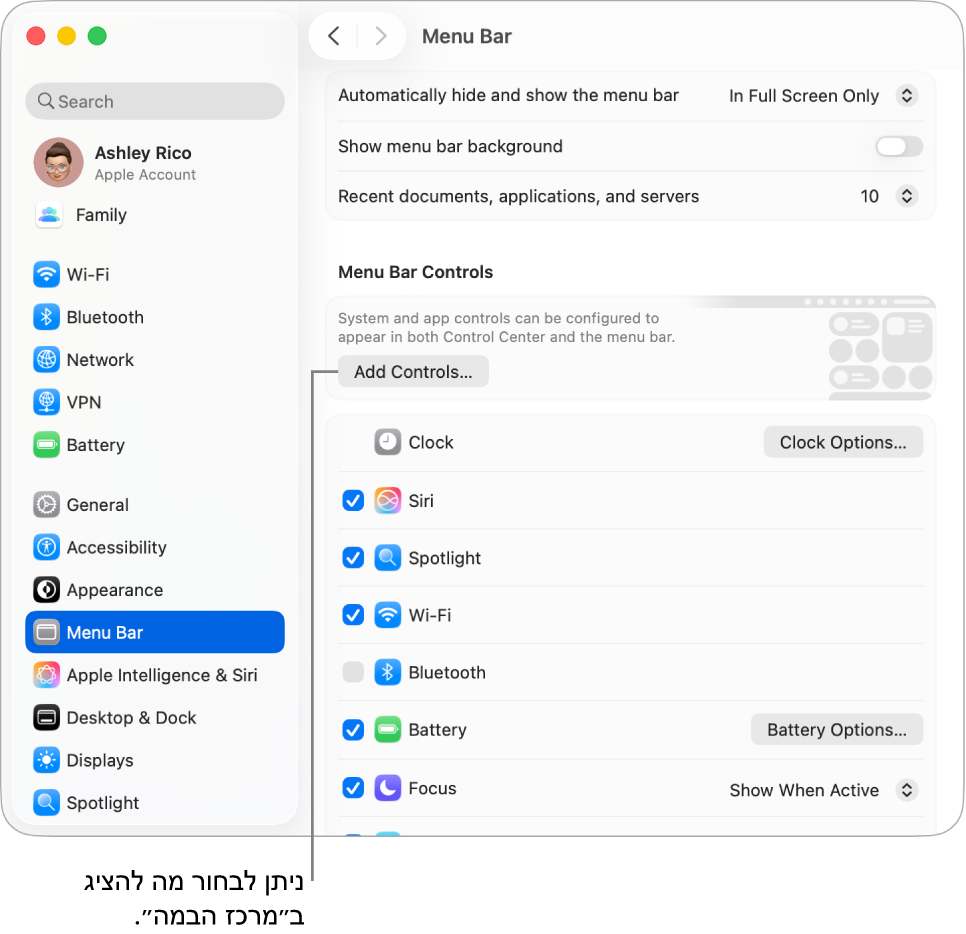 חלון ההגדרות של ״שורת התפריטים״.