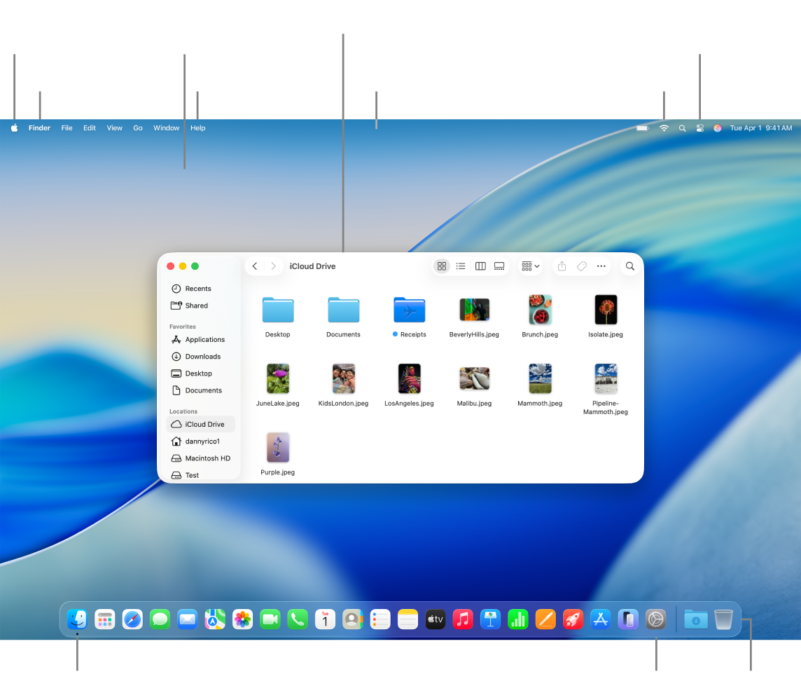 Schermata del Mac con il menu Apple, il menu Applicazioni, la Scrivania, il menu Aiuto, una finestra del Finder, la barra dei menu, l’icona del Wi-Fi, l’icona di Centro di Controllo, l’icona del Finder, l’icona di Impostazioni di Sistema e il Dock.