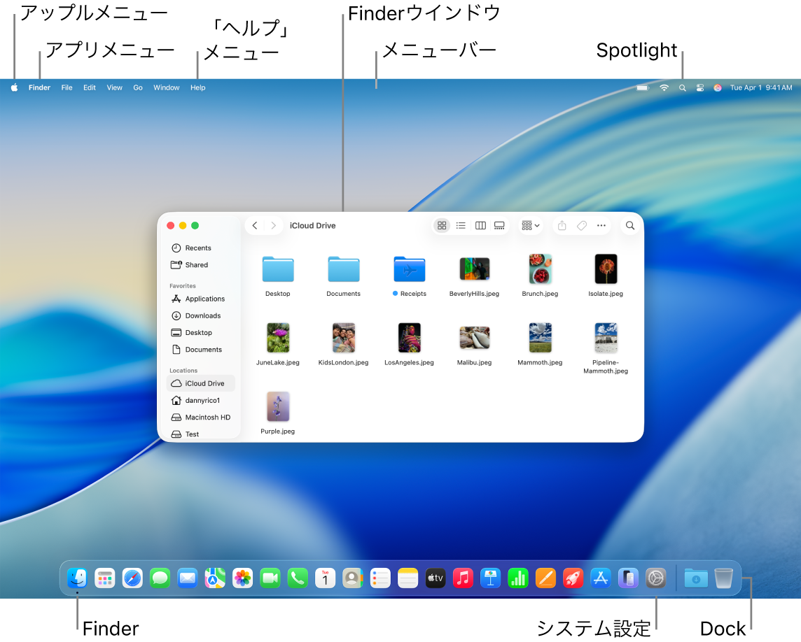 Macの画面。アップルメニュー、アプリメニュー、「ヘルプ」メニュー、Finderウインドウ、メニューバー、Spotlightアイコン、Finderアイコン、「システム設定」アイコン、Dockが示されています。