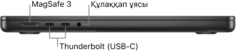 MagSafe 3 портына, екі Thunderbolt 4 (USB-C) портына және құлақаспап ұясына тілше деректері бар 14 дюймдік MacBook Pro компьютерінің сол жақ көрінісі.