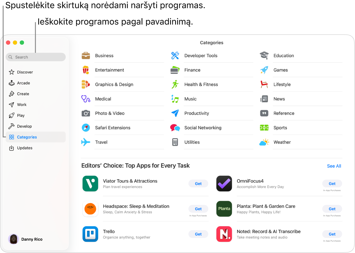„App Store“ lange rodomi paieškos laukas ir programų kategorijos.