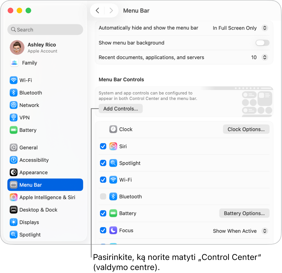 Skilties „Menu Bar“ (meniu juosta) nustatymų langas.