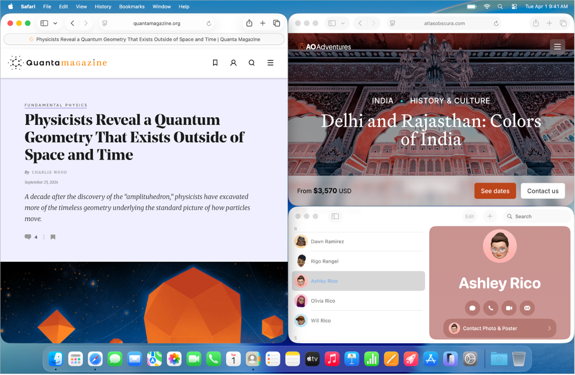 หน้าจอที่แสดง Safari เรียงอยู่ทางด้านซ้าย และ Safari และรายชื่อเรียงอยู่ทางด้านขวา