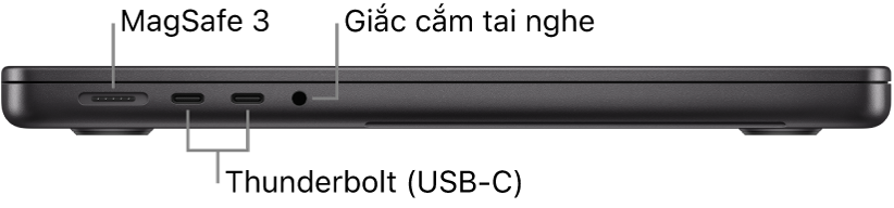 Cạnh bên trái của MacBook Pro 14 inch, với các chú thích đến cổng MagSafe 3, hai cổng Thunderbolt 4 (USB-C) và giắc cắm tai nghe.